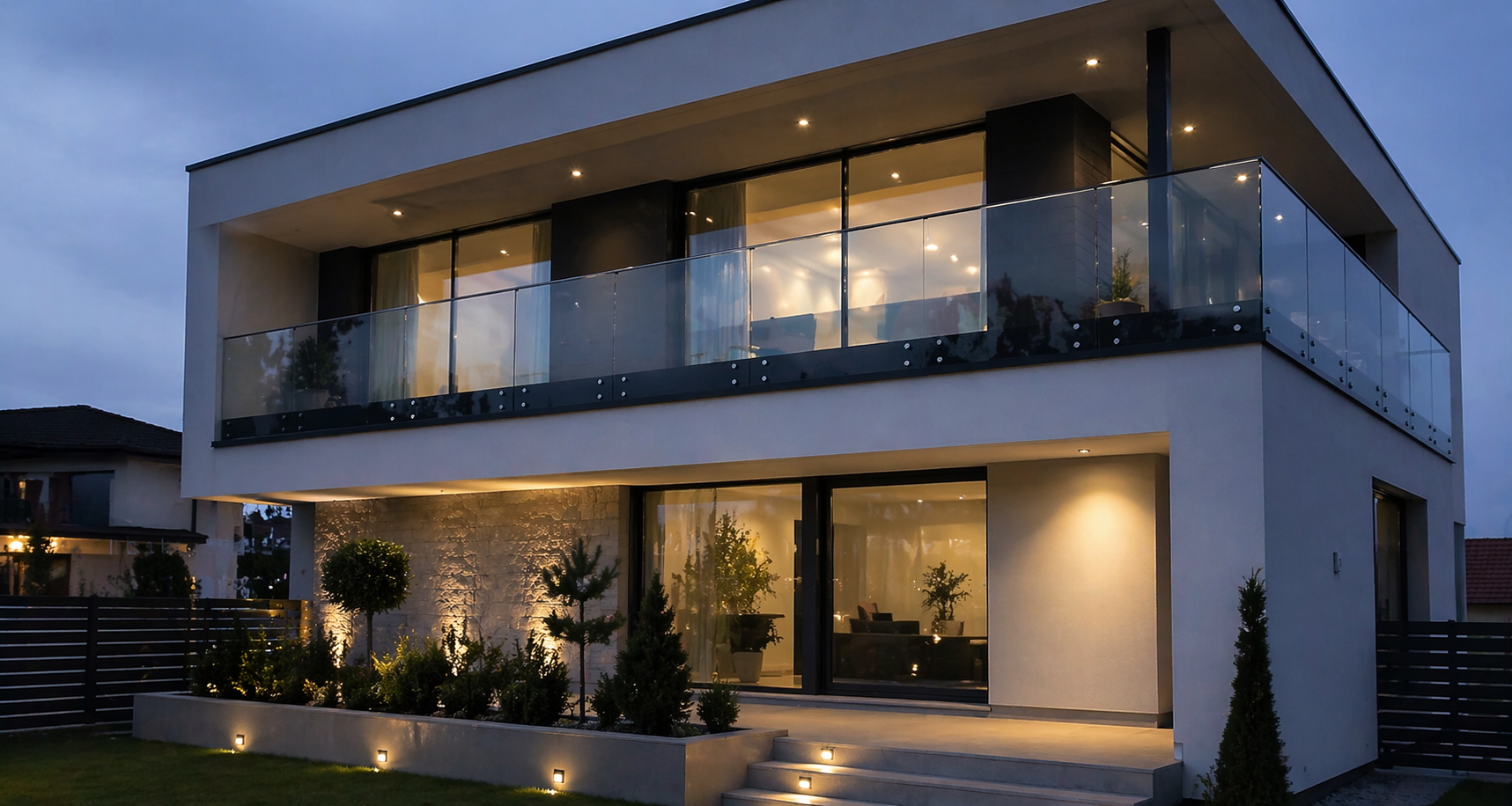 casă modernă cu balustrade din sticlă securizată în București