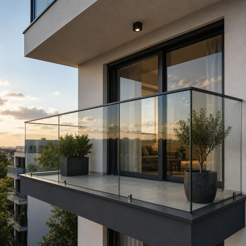 Balcon modern cu balustradă din sticlă securizată și design premium