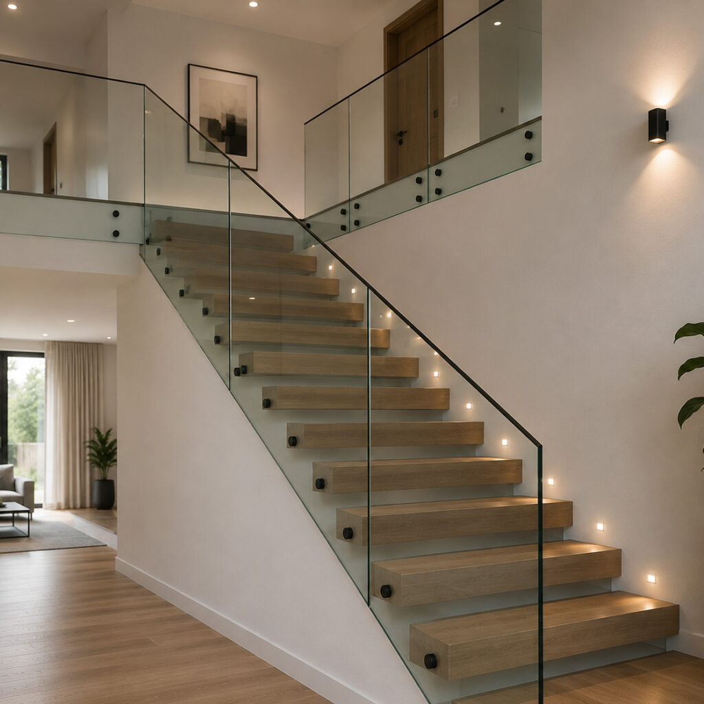 Balustradă interioară modernă din sticlă securizată pentru scară din lemn