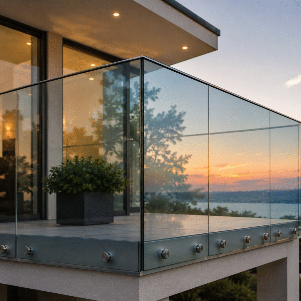 Balustradă modernă din sticlă securizată montată pe balcon exterior