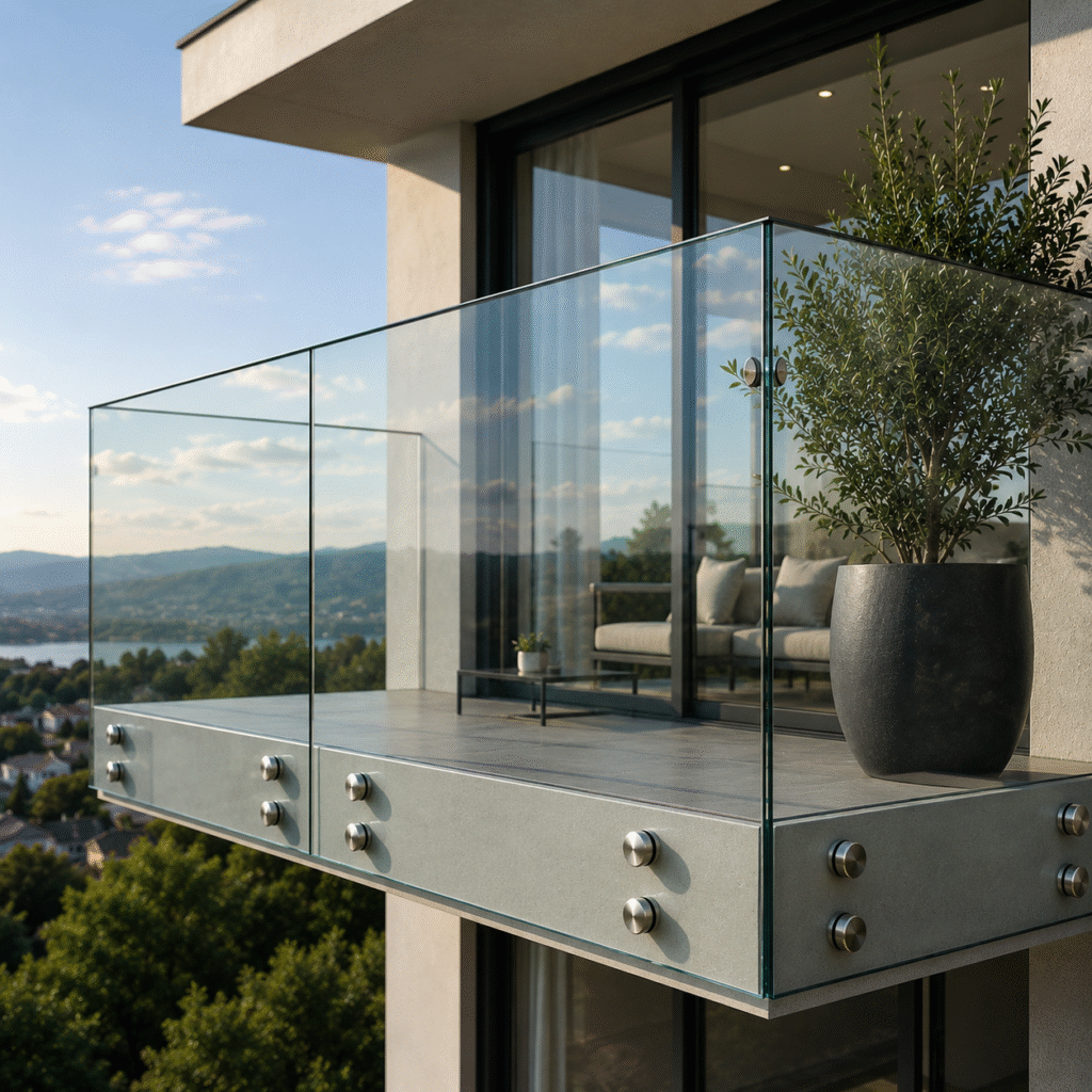 Terasă modernă cu balustradă din sticlă securizată și vedere panoramică