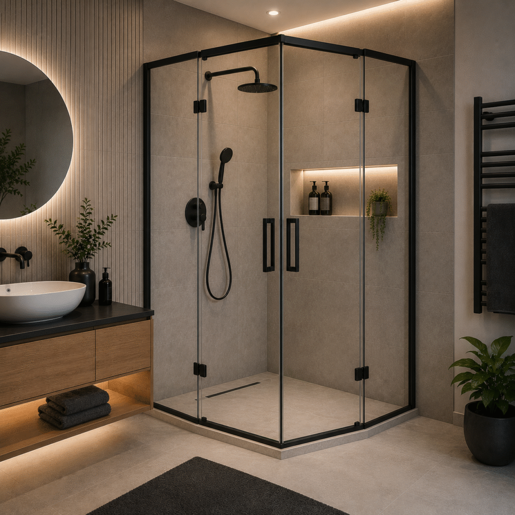 Cabină de duș pe colț din sticlă securizată pentru baie elegantă