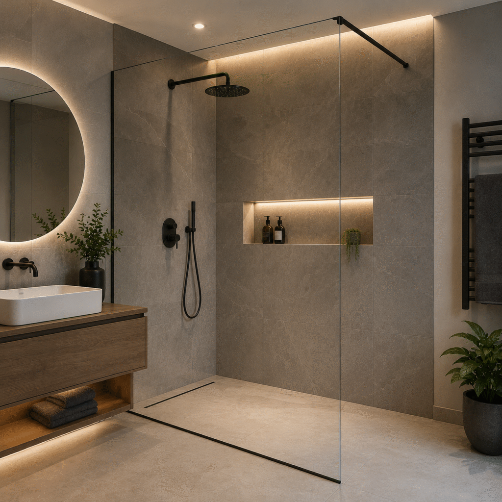 Cabină de duș walk-in din sticlă securizată pentru baie modernă