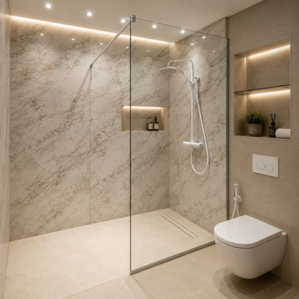 Cabină de duș modernă walk-in realizată din sticlă securizată pentru baie premium