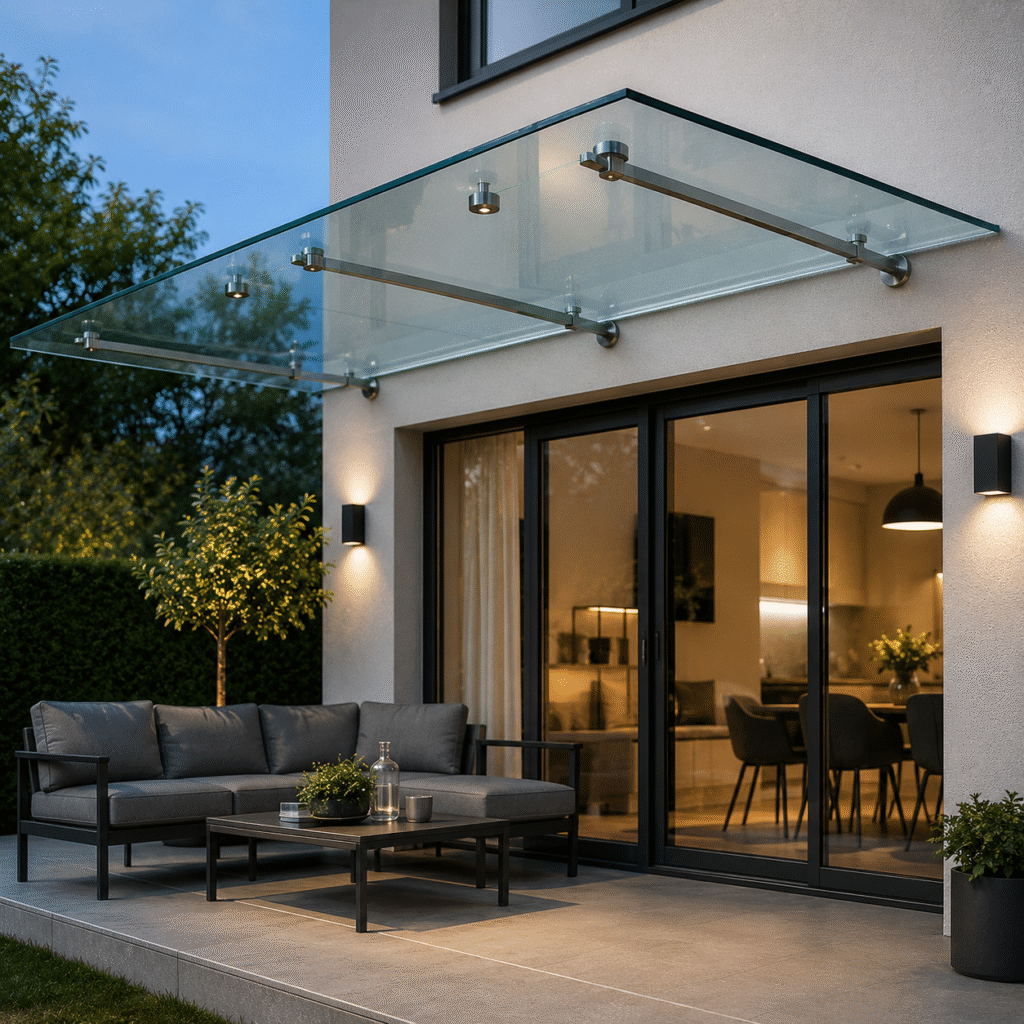 Copertină modernă din sticlă securizată pentru terasă și spațiu exterior