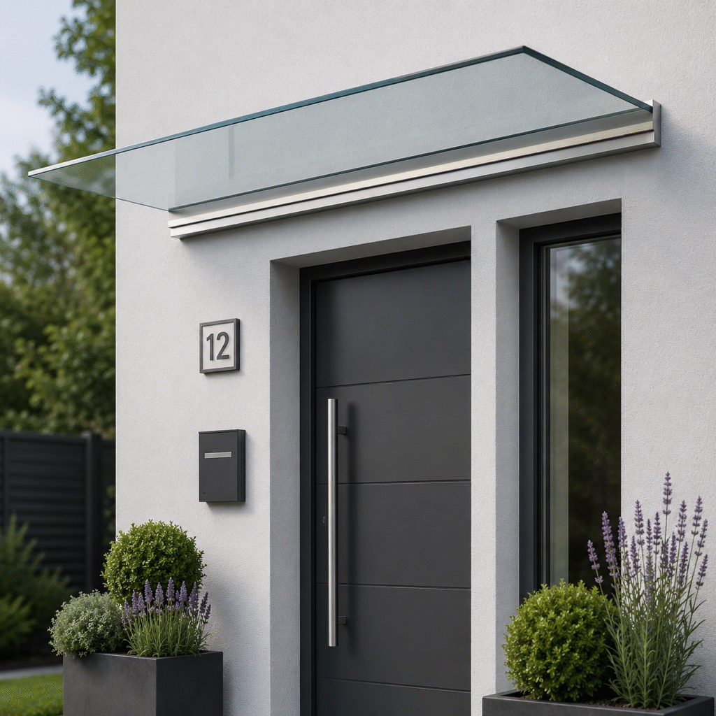 Copertină modernă din sticlă securizată cu profil minimalist pentru casă