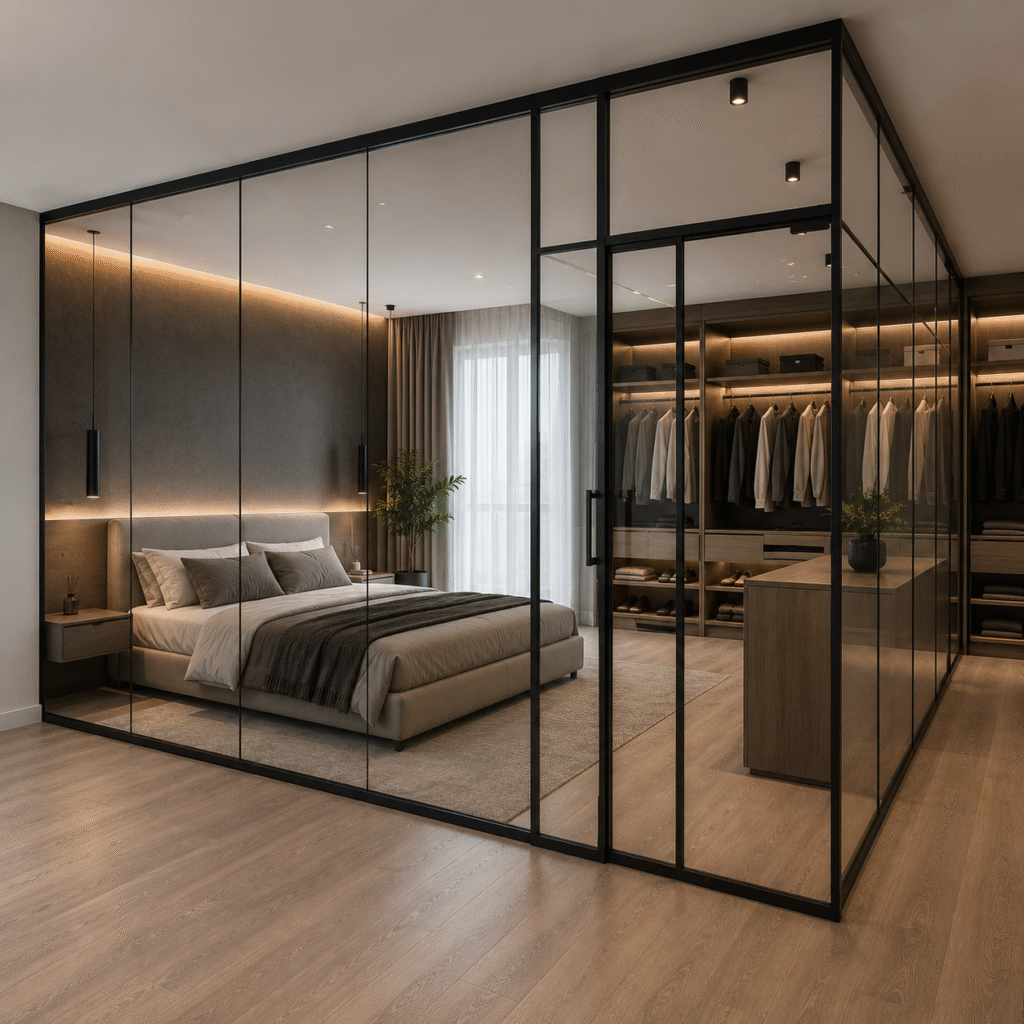 Partiție modernă din sticlă securizată cu profile negre pentru interior premium