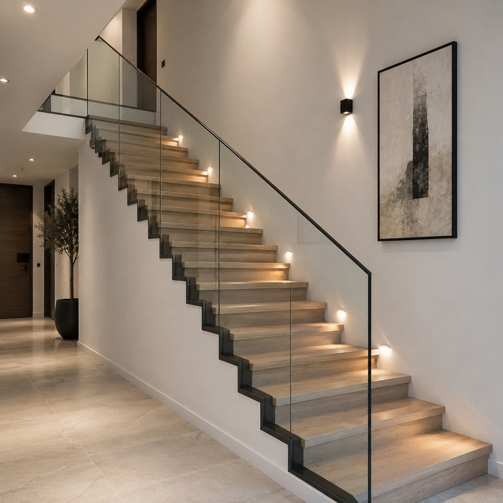 Scară modernă cu balustradă din sticlă securizată și finisaje premium