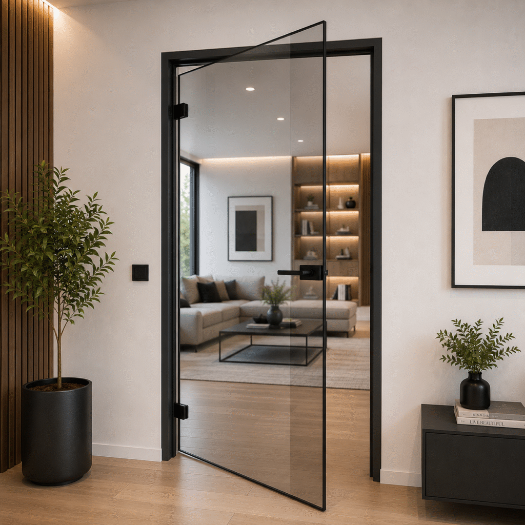 Ușă modernă din sticlă fumurie pentru birouri și interioare elegante