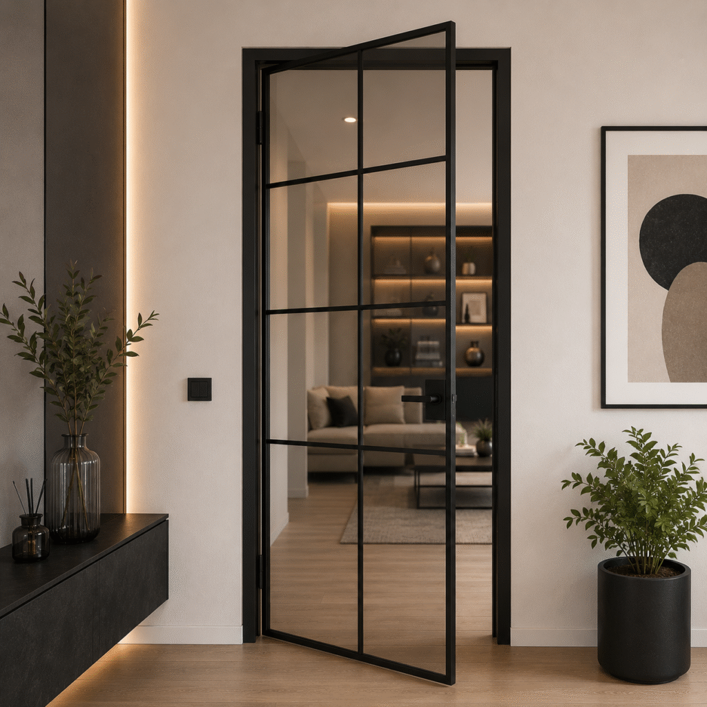 Ușă modernă din sticlă securizată cu profile negre pentru interior premium