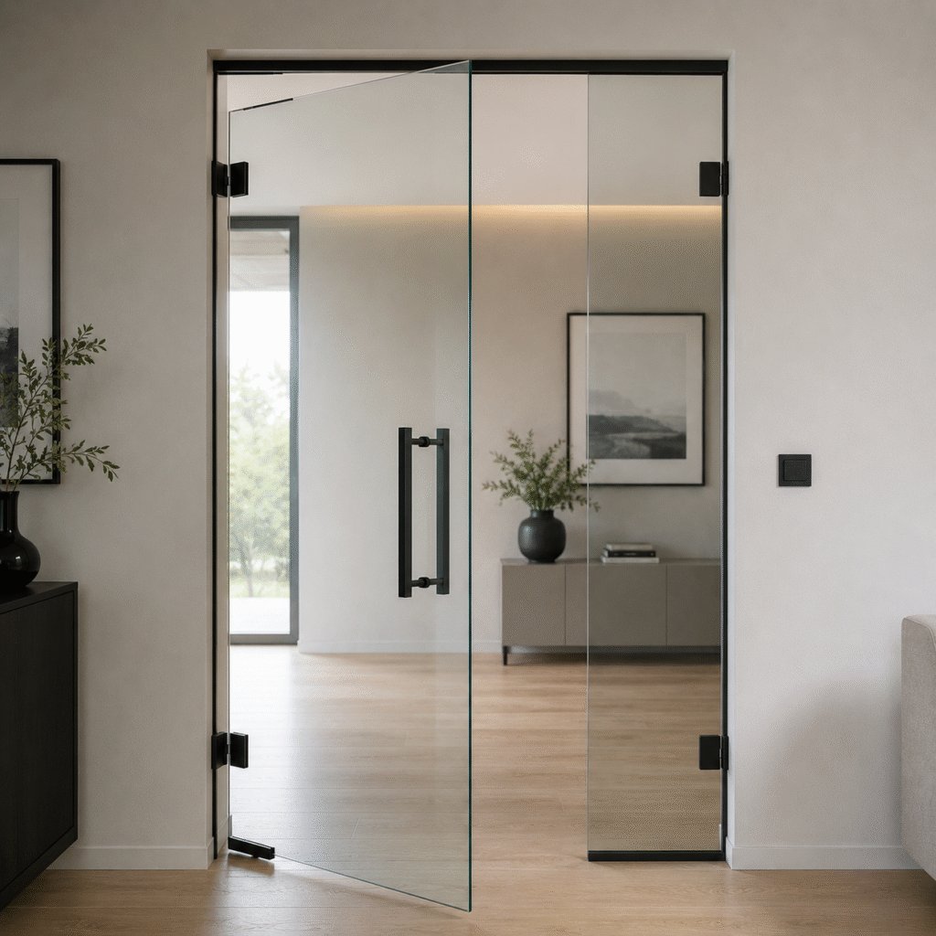 Ușă modernă din sticlă securizată pentru interior cu feronerie neagră