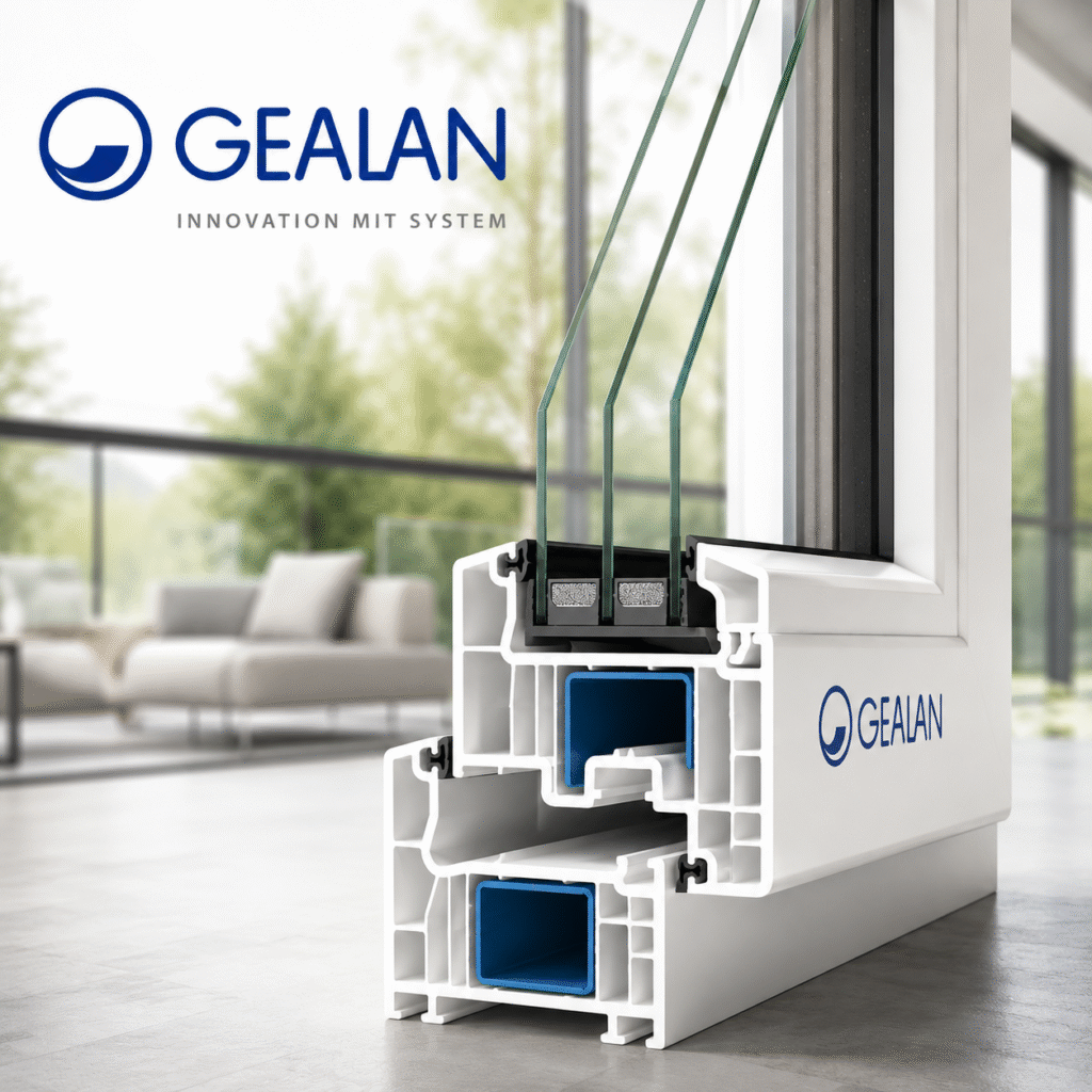 Secțiune profil PVC GEALAN cu geam tripan pentru izolare termică și fonică performantă